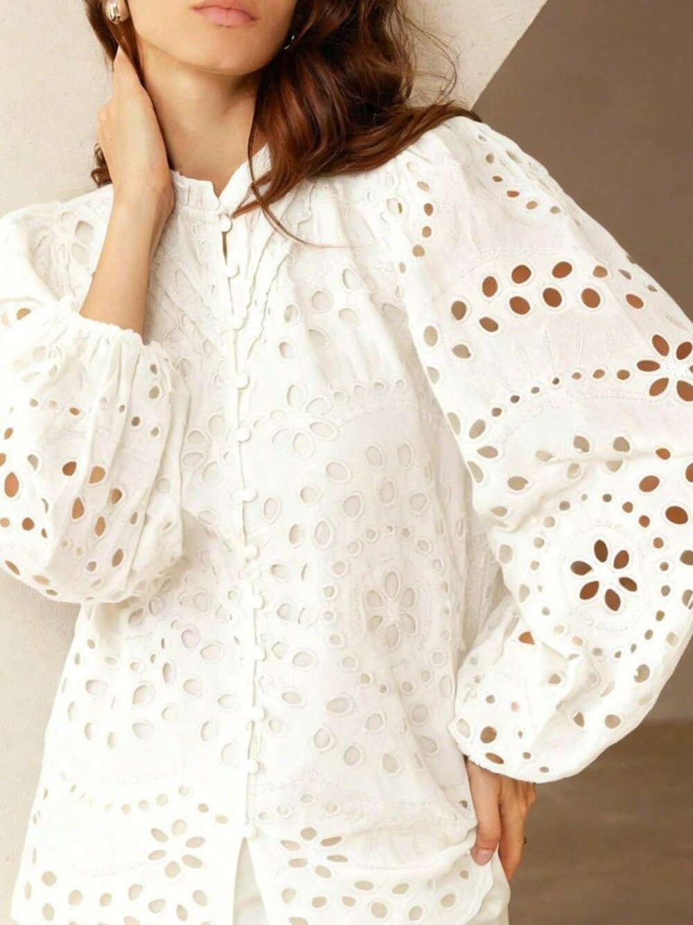 White Casual Women's Embroidered Hollow-Out Pleated Front Long Sleeve Blouse - Picture 7 of 8